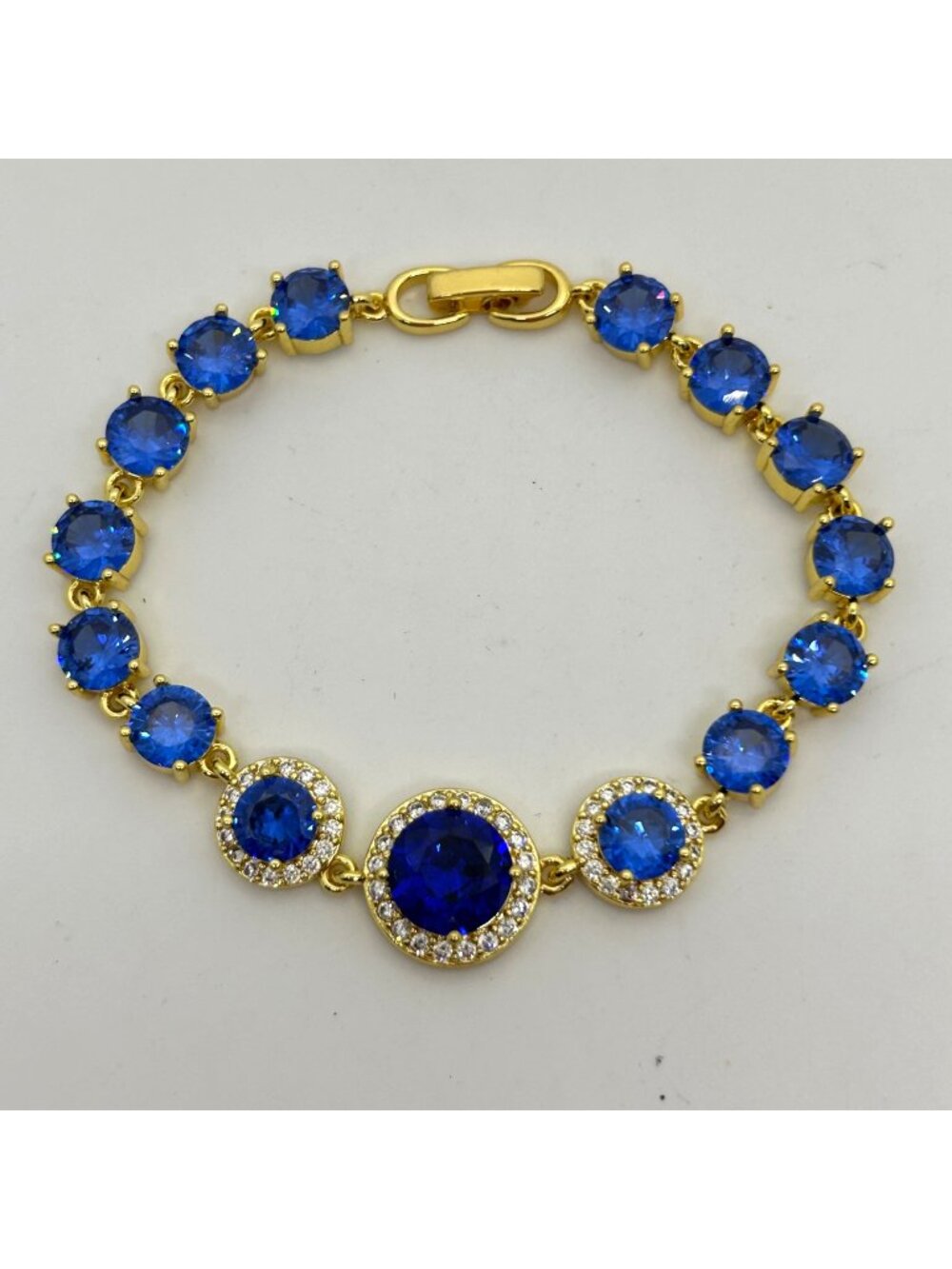 Tennis Bracelet With Blue Cubic Zirconia Gold-Tone Round Halo Elegant 6.5 Inch